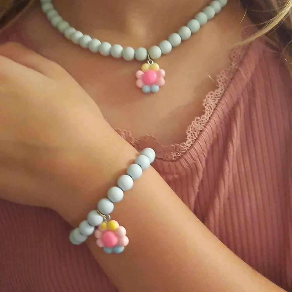 Kids Jewelry 2pcs/set Flower Charm Sky Blue Beaded Necklace & Bracelet